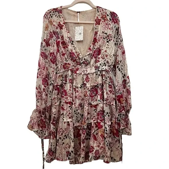 Free People Pink Closer to the Heart Tiered Floral Mini Dress in Cream Combo Med - Picture 2 of 6